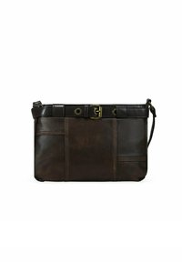 Bolso de mano de cuero marrón con una superficie texturizada, una parte superior con cinturón y herrajes decorativos de latón. Cuenta con varios compartimentos y una correa desmontable.