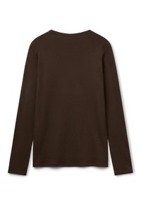 Donkerbruine lange mouwen crewneck shirt van achter afgebeeld op een witte achtergrond, met een rechte zoom en een eenvoudig, egale design.