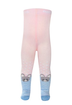 Rosa Strumpfhosen mit einem gepunkteten Muster, die ein graues Mausdesign und blaue gestreifte Akzente an den Füßen aufweisen. Weiches, dehnbares Material.