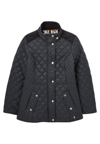 Quilted black jacket featuring a high collar, snap closure, side pockets, and contrasting fabric on shoulders. Interior with a colorful pattern.