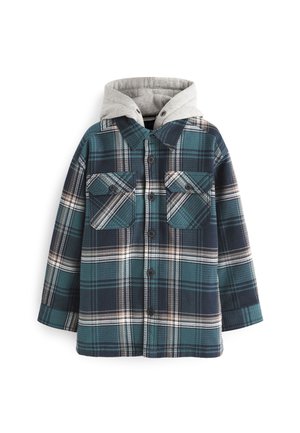 Groen en marineblauw geruit overhemdjack met grijze capuchon, voorzien van twee borstzakken, knoopsluiting en zacht textuurstof.