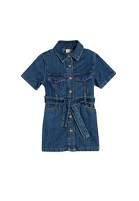 Denimmekko lyhyillä hihoilla, nappiyksityiskohdalla edessä, kauluksella, kahdella rintataskulla ja vyöllä vyötäröllä. Rikas sininen väri kultaisilla yksityiskohdilla.