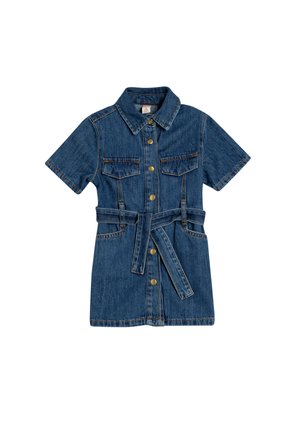 Denimmekko lyhyillä hihoilla, nappiyksityiskohdalla edessä, kauluksella, kahdella rintataskulla ja vyöllä vyötäröllä. Rikas sininen väri kultaisilla yksityiskohdilla.