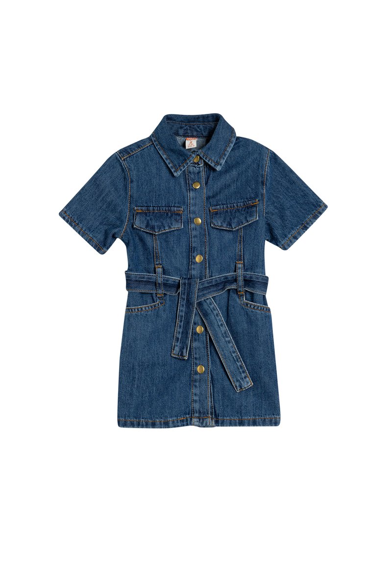 Denimmekko lyhyillä hihoilla, nappiyksityiskohdalla edessä, kauluksella, kahdella rintataskulla ja vyöllä vyötäröllä. Rikas sininen väri kultaisilla yksityiskohdilla.