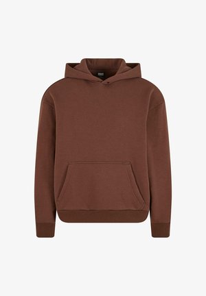 Brown hooded sweatshirt made of soft fabric, featuring a kangaroo pocket, ribbed cuffs, and a relaxed fit design.