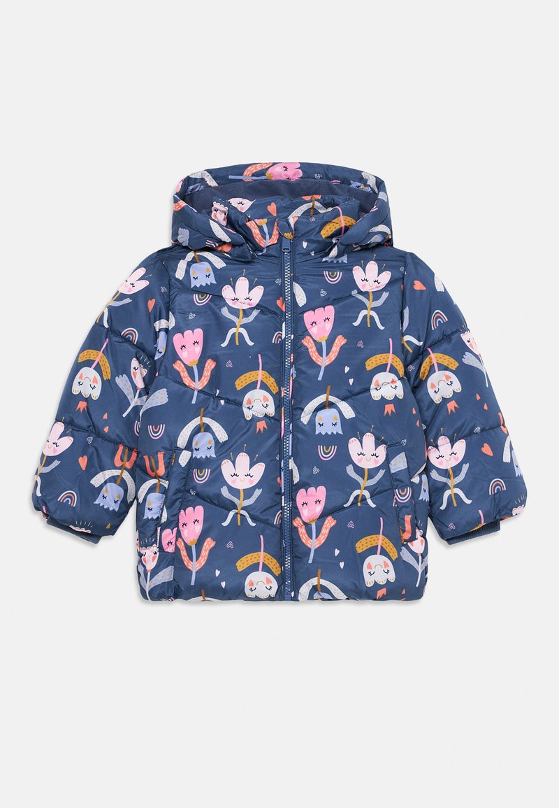 Pūšamo zilo jaku ar kapuci, kas rotāta ar krāsainiem ziedu un jautru tēlu printiem, ar rāvējslēdzēju un elastīgām piedurknēm.
