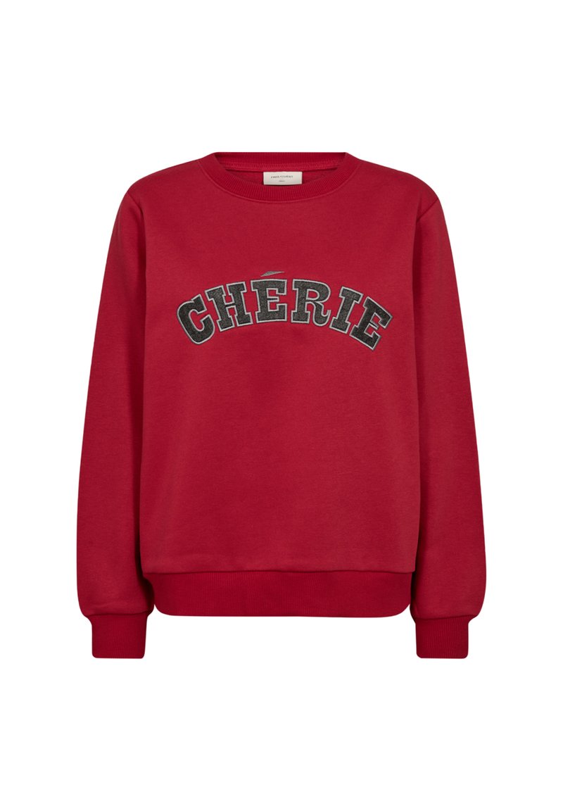 Rode sweatshirt van een zachte katoenmix, met een ronde halslijn en geribde manchetten. "CHÉRIE" in het zwart geborduurd over de borst.