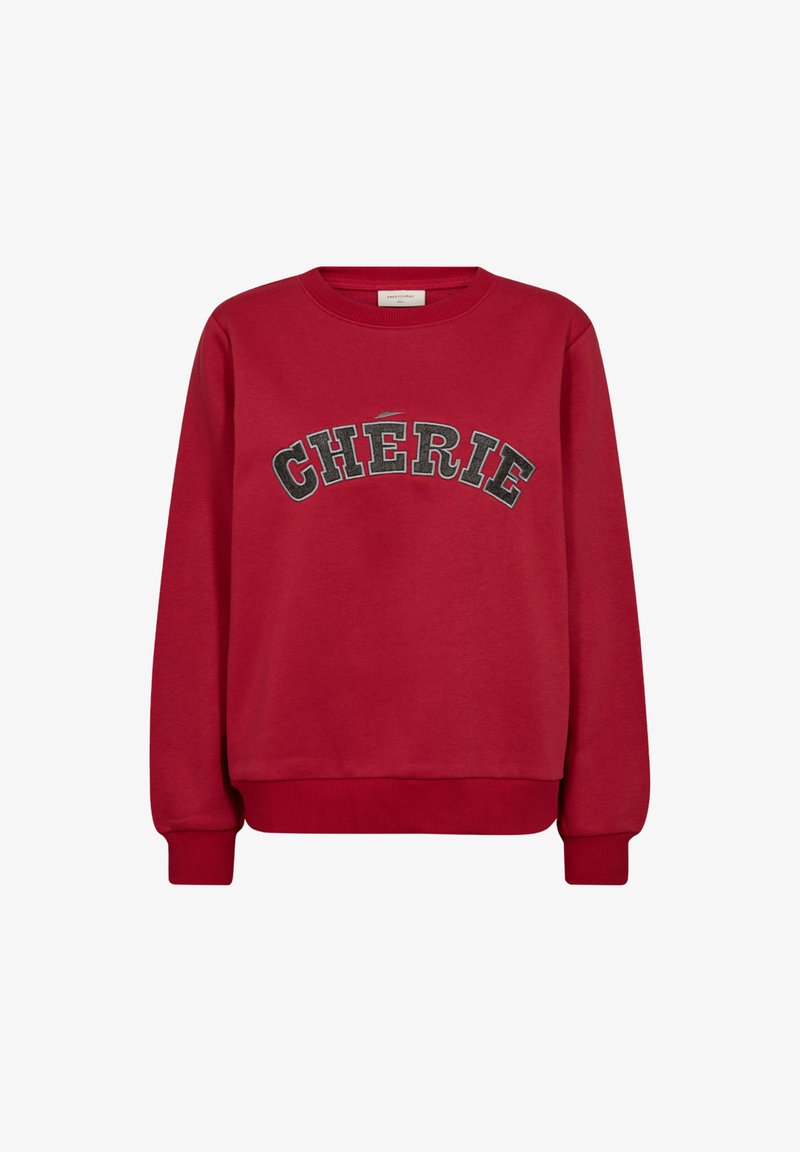 Rode sweatshirt van een zachte katoenmix, met een ronde halslijn en geribde manchetten. "CHÉRIE" in het zwart geborduurd over de borst.