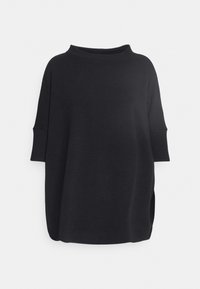 Schwarzer gestrickter Pullover mit lockerer Passform, weitem Ausschnitt und kurz geschnittenen Ärmeln. Verfügt über seitliche Schlitze für mehr Bewegungsfreiheit und Komfort.