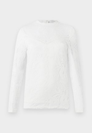 Witte kant lange mouwen top met een gestructureerd bloempatroon, ronde halslijn en opening aan de achterkant. Gladde stof met een getailleerde silhouet.