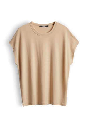 Beiges T-Shirt mit kurzen Ärmeln, rundem Ausschnitt, weiter Passform und leicht eingesetzten Schultern auf weißem Hintergrund.