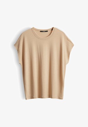 Beiges T-Shirt mit kurzen Ärmeln, rundem Ausschnitt, weiter Passform und leicht eingesetzten Schultern auf weißem Hintergrund.