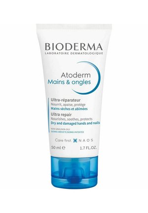 50ml tube van Bioderma Atoderm hand- en nagelcrème. Wit met blauwe accenten, voorzien van een flip-topdeksel en bevat tekst in het Frans en het Engels.