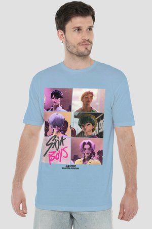 Man wearing light blue shirt featuring six colorful illustrated K-pop style characters and text "Saija Boys" and "K-pop Demon Hunters."