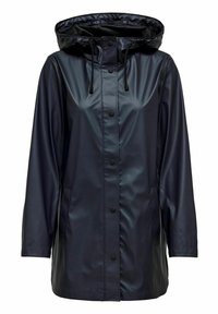 Imperméable bleu marine avec capuche, fermeture à pression devant, poches latérales et texture lisse et brillante.