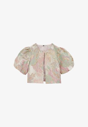Veste courte en jacquard floral pastel avec manches courtes bouffantes et fermeture à un seul bouton.