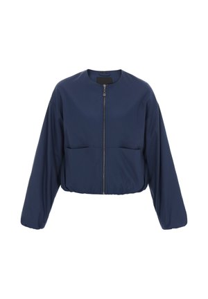 Marineblauw cropped jack van gladde stof, met een rits aan de voorkant, ronde hals en twee voorzakken. Losse, lange mouwen.