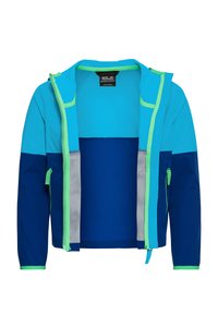 Παιδικό μπουφάν σε μπλε και τυρκουάζ με πράσινη επένδυση φερμουάρ, δύο τσέπες με φερμουάρ και επένδυση από δίχτυ, παρουσιάζεται ανοιχτό σε λευκό φόντο.