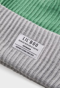 Gorro de punto con textura acanalada, que presenta una sección superior verde y un puño gris. Incluye una etiqueta de tela blanca con detalles de la marca.
