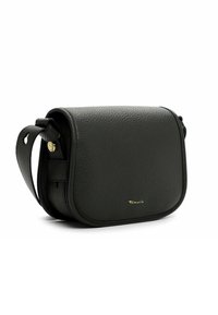 Borsa a tracolla in pelle nera con forma arrotondata, finitura testurizzata e accentuazione del logo dorato. Presenta una tracolla regolabile e una chiusura sicura.