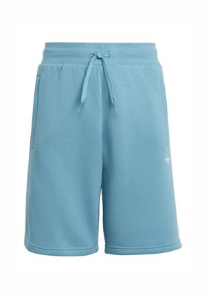 Pantalones cortos de mezcla de algodón en azul claro con una cinturilla elástica, cordón ajustable y bolsillos laterales; presenta un pequeño logotipo blanco en el lado izquierdo.