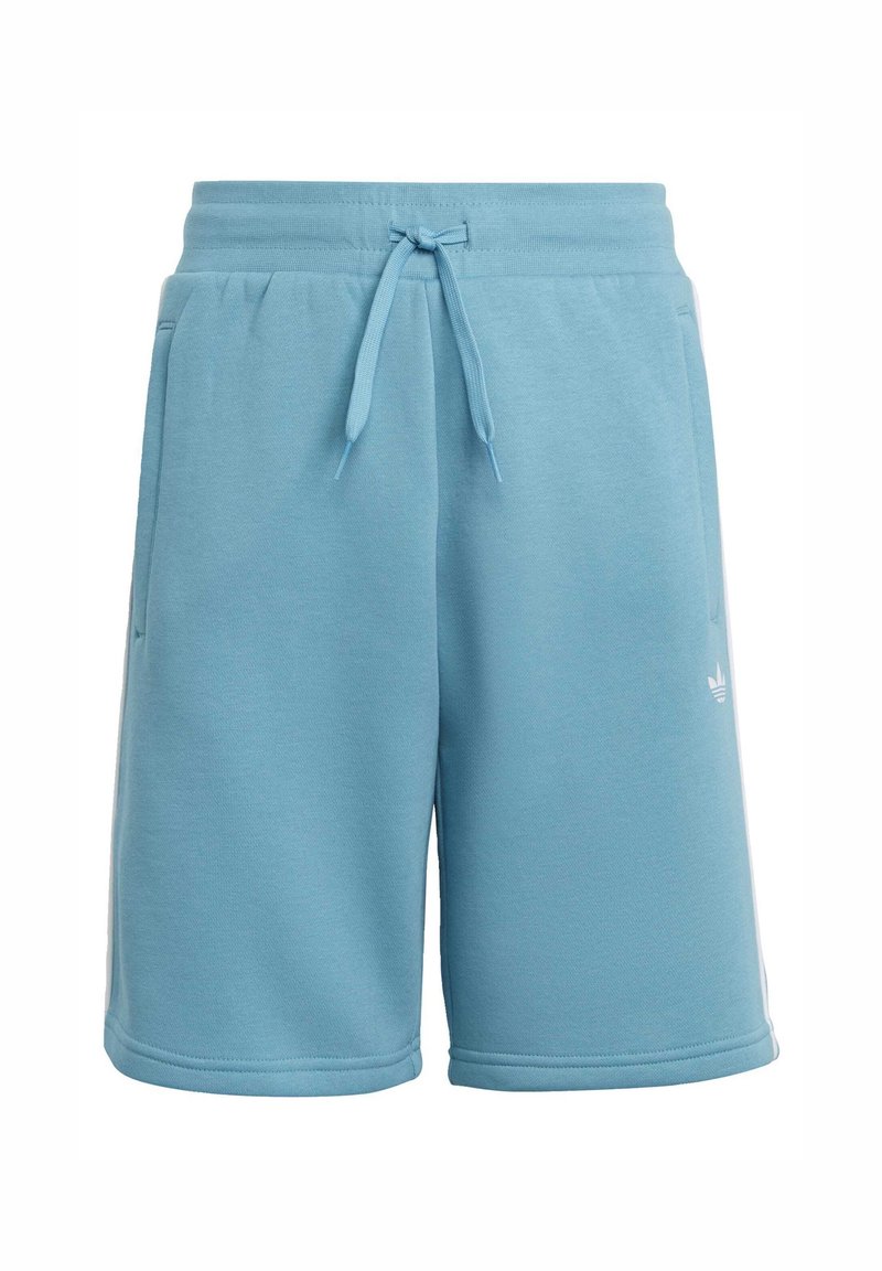 Light blue cotton blend shorts with an elastic waistband, drawstring tie, and side pockets; features a small white logo on the left side.