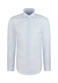 Chemise boutonnée en coton léger. Présente un motif à carreaux bleus sur fond blanc, avec un col italien et des manches longues.