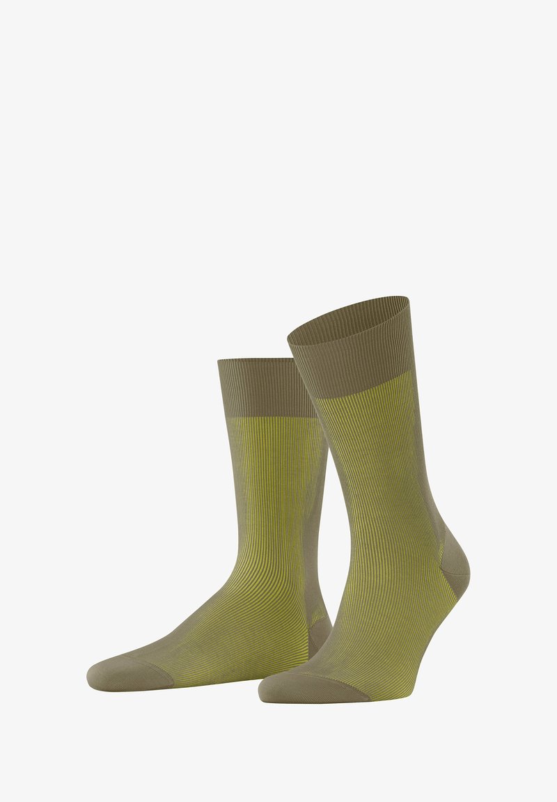 Zielono-żółte skarpetki w paski z rypsowym wykończeniem, o długości do połowy łydki, z wzmocnionymi palcami i piętami.