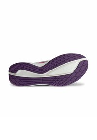 Sola di una scarpa con una base bianca e gomma testurizzata viola. Presenta un motivo a zigzag e un logo impresso sul lato.