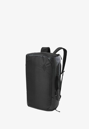 Sac à dos rectangulaire noir avec bretelles rembourrées, poignée latérale et fermeture éclair supérieure, présenté sous un léger angle sur un fond blanc.