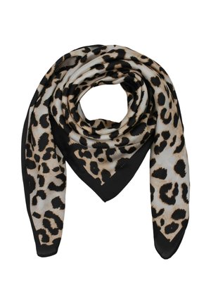 Quadratisches Tuch mit beigem, schwarzem und braunem Leopardenmuster und einem einfarbigen schwarzen Rand, zu einer dreieckigen Form gefaltet.