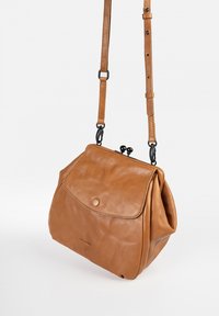 Borsa a tracolla in pelle marrone con una forma strutturata, chiusura a pattina e tracolla regolabile. Presenta una texture liscia e un marchio discreto.