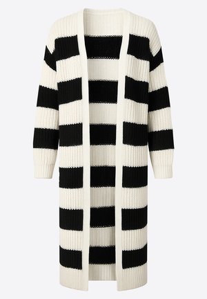 Strikket cardigan med lodrette sorte og hvide striber, åben front, lange ærmer og ribbet struktur.