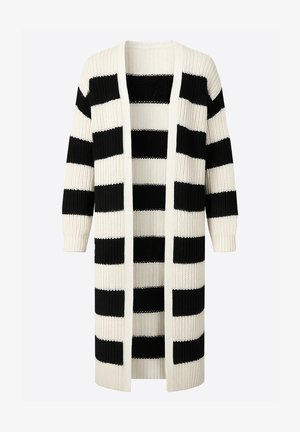 Cardigan lavorato a maglia con strisce verticali bianche e nere, design aperto sul davanti, maniche lunghe e texture a coste.