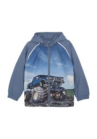 Blauwe hoodie met een grote afbeelding van een blauwe monstertruck op de voorkant, met elastische manchetten en een rits aan de voorkant.