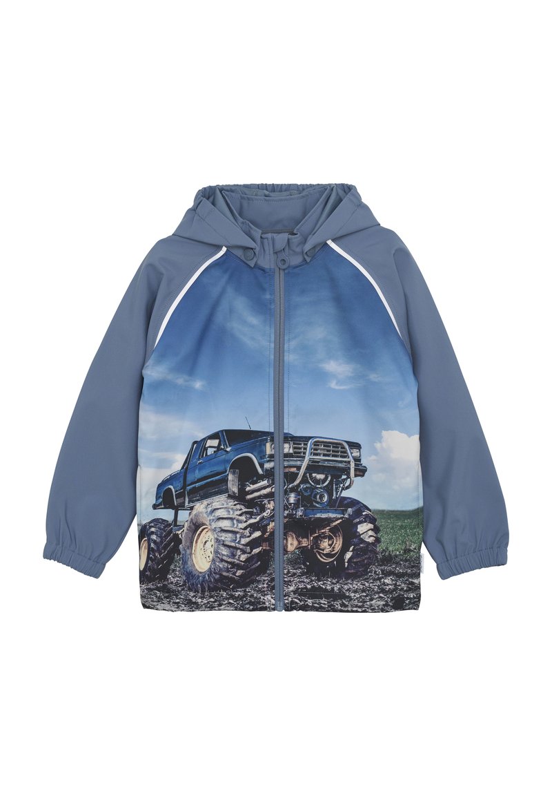 Blauwe hoodie met een grote afbeelding van een blauwe monstertruck op de voorkant, met elastische manchetten en een rits aan de voorkant.