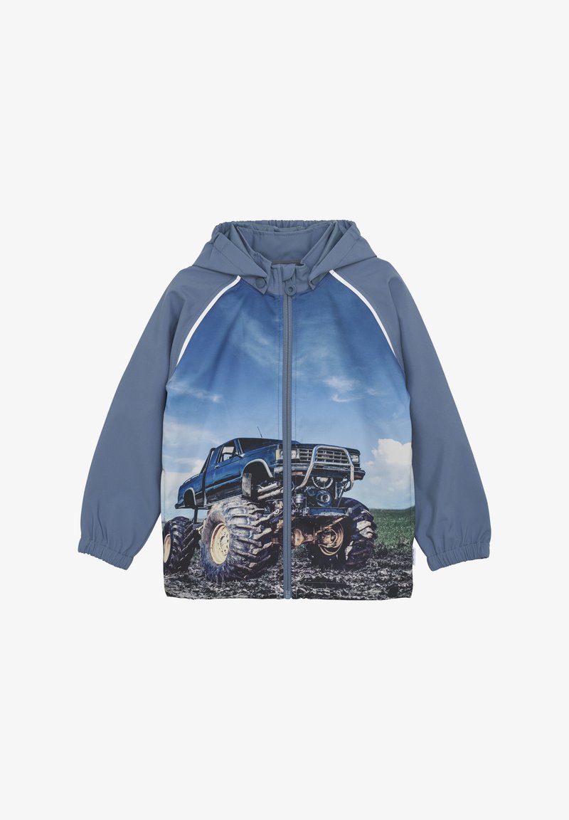 Niebieska kurtka z kapturem z dużą grafiką niebieskiego monster trucka na przodzie, z elastycznymi mankietami i zamkiem błyskawicznym z przodu.