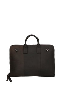 Attache in pelle nera con due maniglie robuste, chiusura con zip e dettagli in metallo argentato. Texture liscia con un design minimalista.