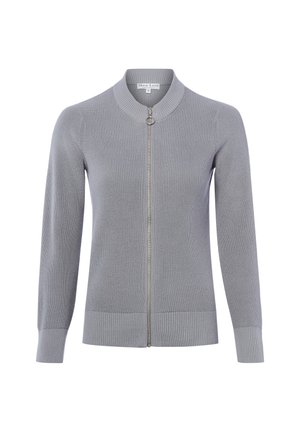 Lichtgrijze gebreide cardigan met lange mouwen, geribbelde boorden en zoom, met een zilveren rits aan de voorkant en een ronde trekker.