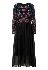 Schwarzes Kleid mit langen transparenten Ärmeln, mit buntem Blumenstickerei, gestuftem Rock und rundem Ausschnitt. Das Material ist leicht und fließend.