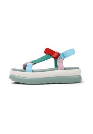 Colorful platform sandals with a white base, featuring teal, red, pink, and light blue straps, adjustable buckles, and a textured sole.