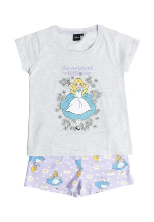 Camiseta de manga corta gris claro para niñas con diseño de Alicia en el País de las Maravillas rodeada de margaritas y shorts a juego en color lavanda con lunares blancos y estampados de Alicia.