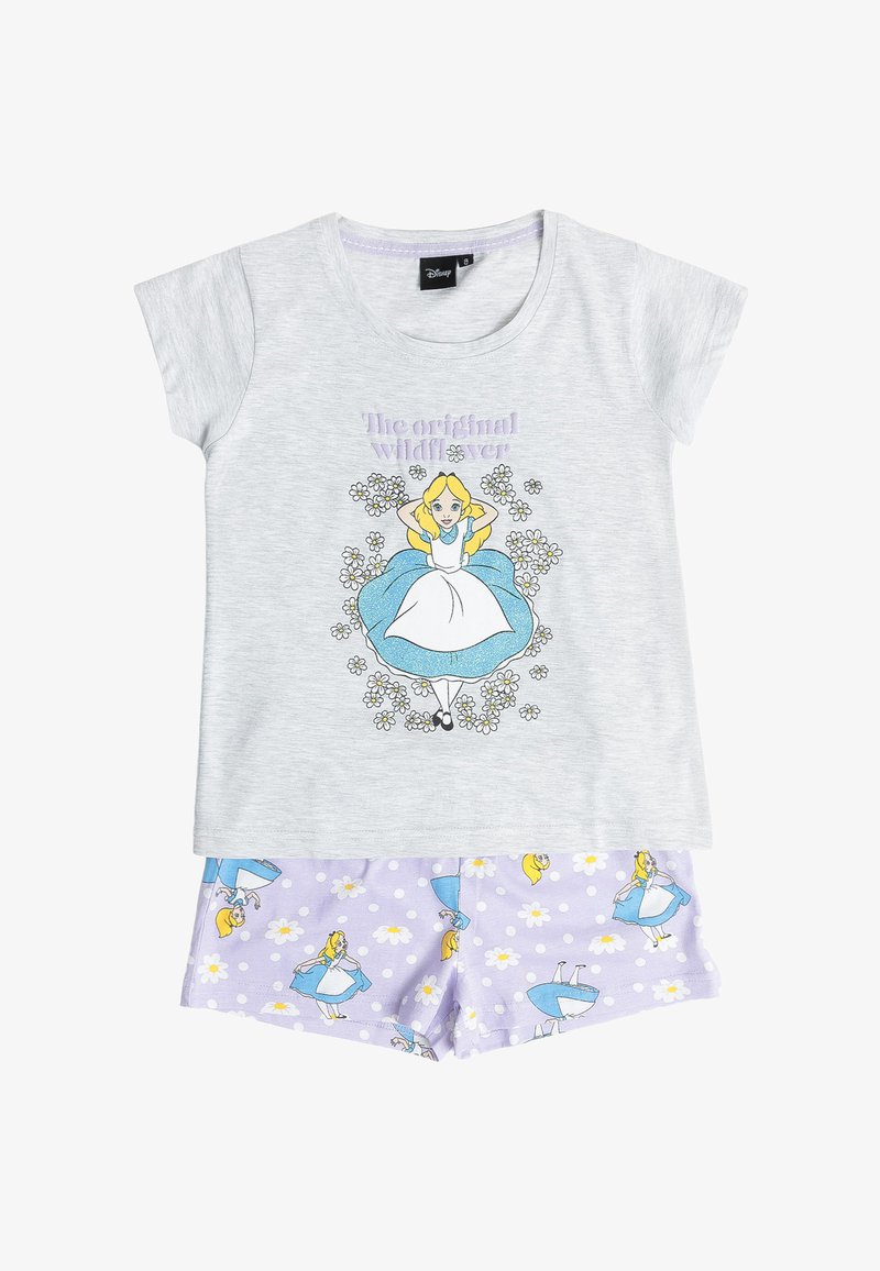 Camiseta de manga corta gris claro para niñas con diseño de Alicia en el País de las Maravillas rodeada de margaritas y shorts a juego en color lavanda con lunares blancos y estampados de Alicia.