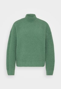 Pull à col roulé vert menthe en maille avec un motif texturé côtelé, épaules tombantes, finition avec un ourlet et des poignets ajustés.