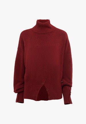 Maglione rosso a collo alto in maglia con vestibilità ampia. Caratterizzato da un colletto a coste, bottoni decorativi sulle maniche e un'apertura laterale all'orlo. Tessuto testurizzato.
