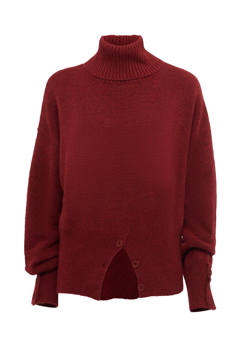Maglione rosso a collo alto in maglia con vestibilità ampia. Caratterizzato da un colletto a coste, bottoni decorativi sulle maniche e un'apertura laterale all'orlo. Tessuto testurizzato.