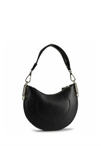 Borsa a tracolla in pelle nera con forma arcuata a mezzaluna, dotata di chiusura a zip, dettagli in metallo color oro e tracolla corta regolabile.