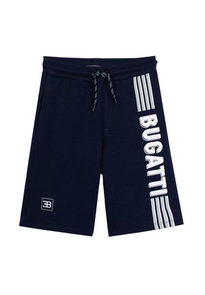 Navy blue shorts with a drawstring waist, white "BUGATTI" text and stripes on one leg, and a small "EB" logo patch near the hem.