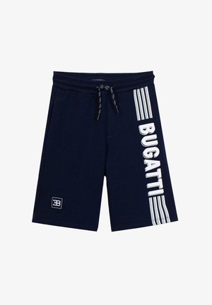 Navy blue shorts with a drawstring waist, white "BUGATTI" text and stripes on one leg, and a small "EB" logo patch near the hem.