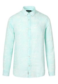 Chemise boutonnée bleu clair avec un motif de vagues, dotée d'un col classique et de manches longues. Confectionnée dans un tissu lisse et léger.